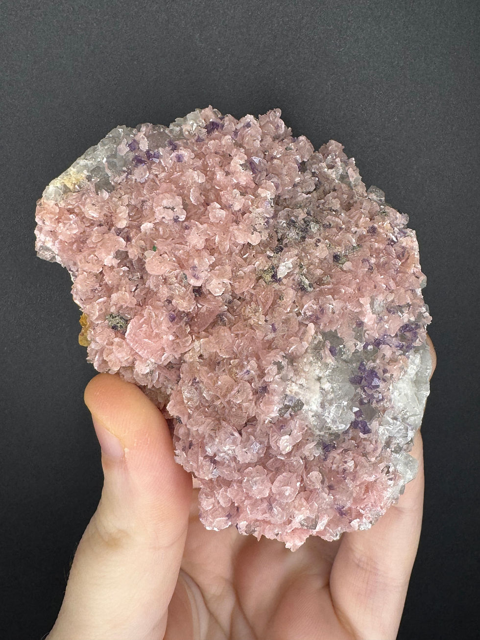 Thumbnail: Petal Rhodochorisite x cubic purple fluorite on clear quartz 197g prs18
