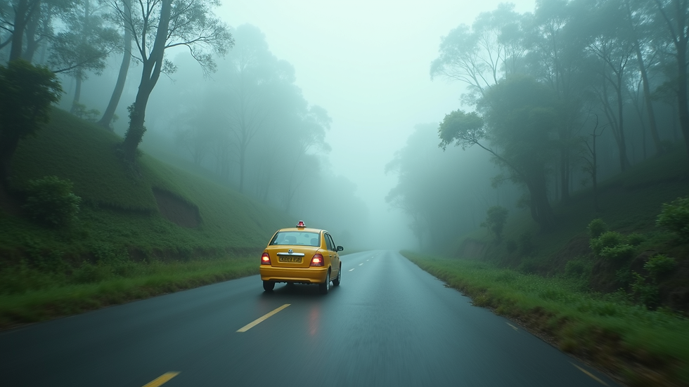 Wide angle view of a taxi driving through a misty Coorg hill road