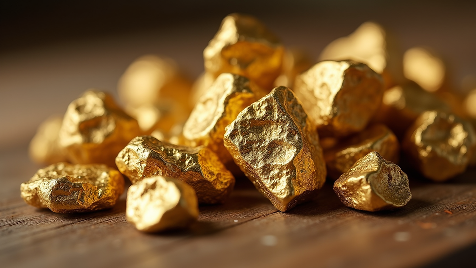 Close-up view of raw gold nuggets on a wooden surface