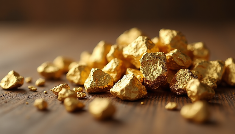 Close-up view of raw gold nuggets on a wooden surface