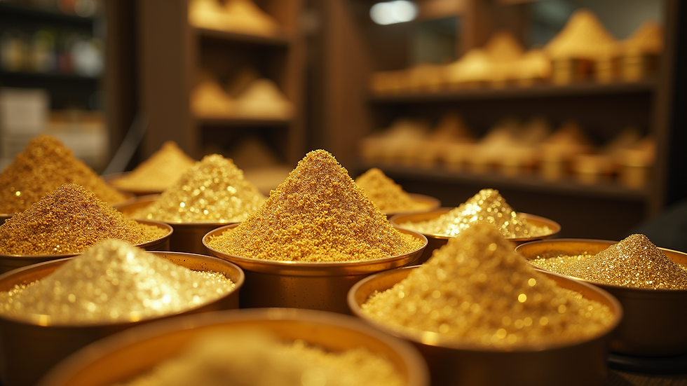 Eye-level view of a gold dealer's shop with gold dust samples in containers