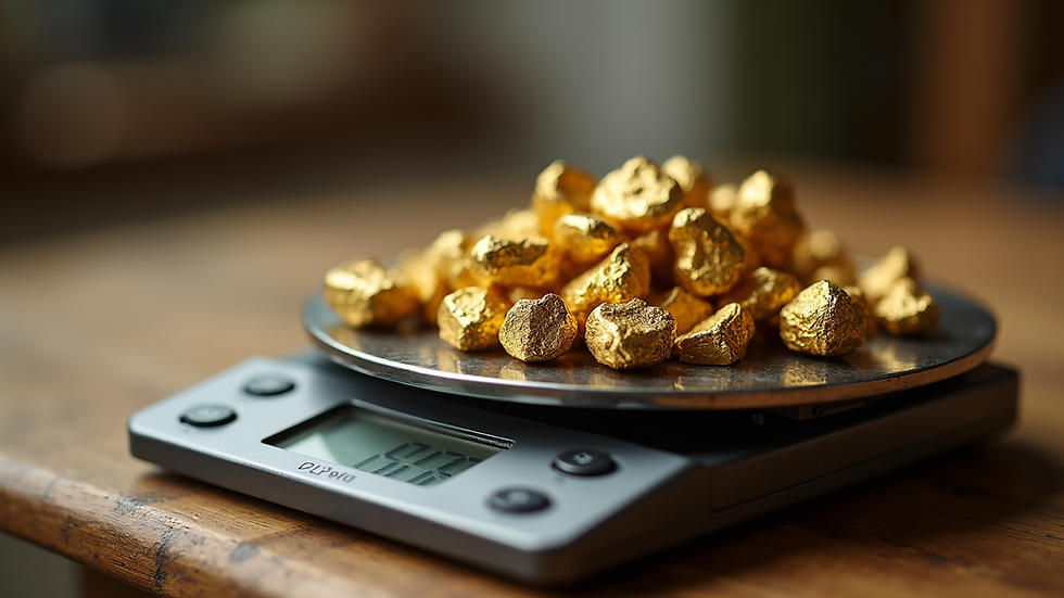 Eye-level view of gold nuggets on a weighing scale