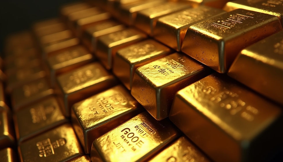 High angle view of gold bars stacked in a secure vault