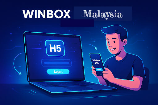 a laptop showing h5 login and a people holding a phone with screen showing winbox h5