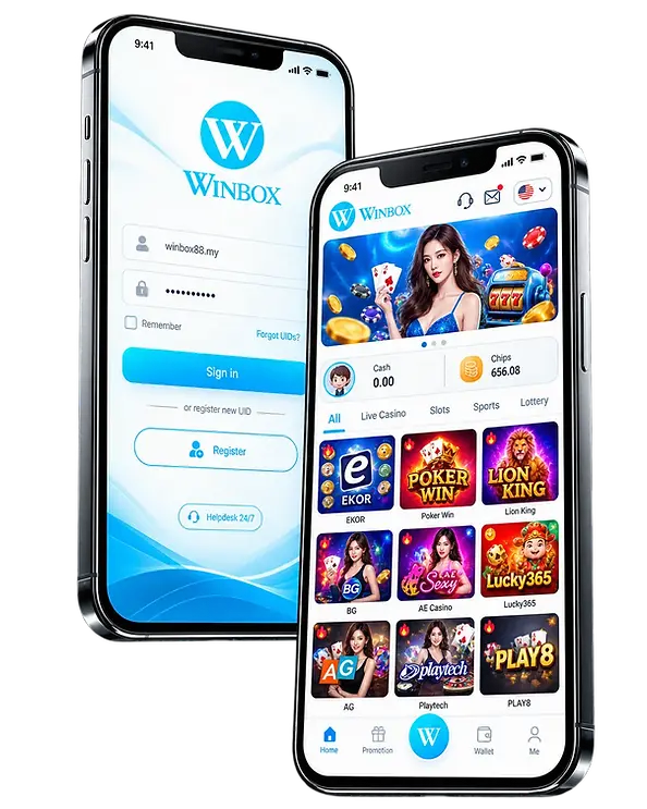 Winbox mobile app shown on two smartphone screens with login and casino game access