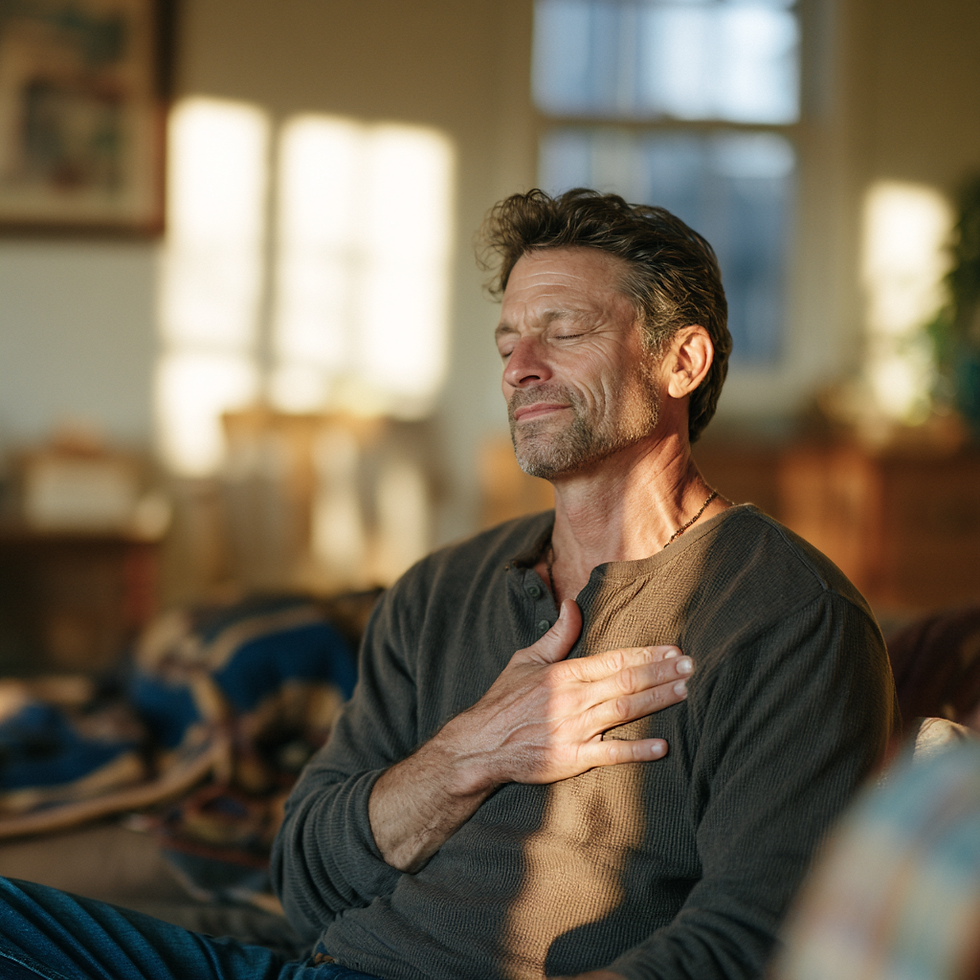 Calm man sitting in warm natural light with his hand over his chest, practicing emotional mindfulness and present-moment awareness.