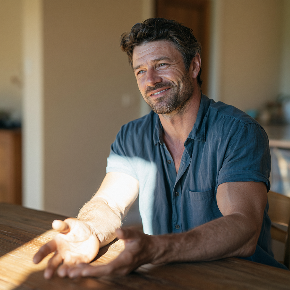 A man sits quietly at a dining table with open palms resting on the wood, reflecting calmly in soft natural window light.