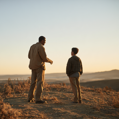 Father and teenage son standing together at a sunrise overlook, looking across the landscape during a quiet moment of connection.