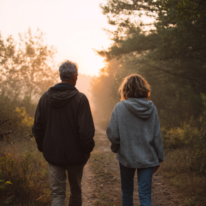 A married couple walking side by side on a peaceful nature trail at sunrise, symbolizing healing, trust, and moving forward together in marriage.