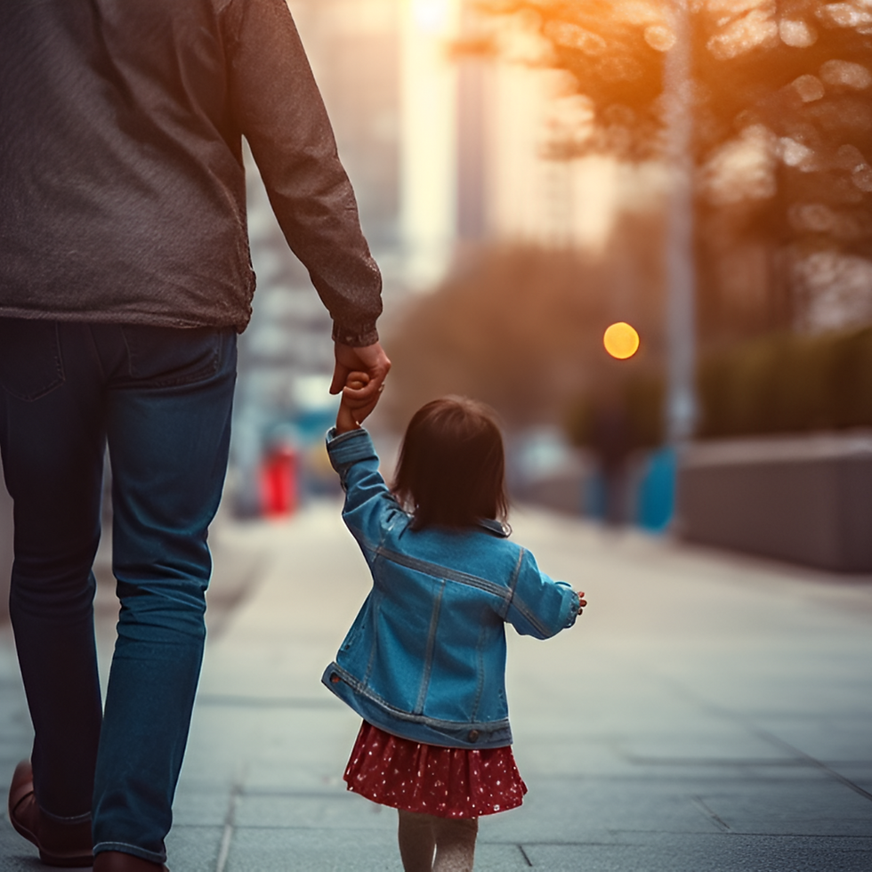 Dad holding his daughter's hand walking down the street