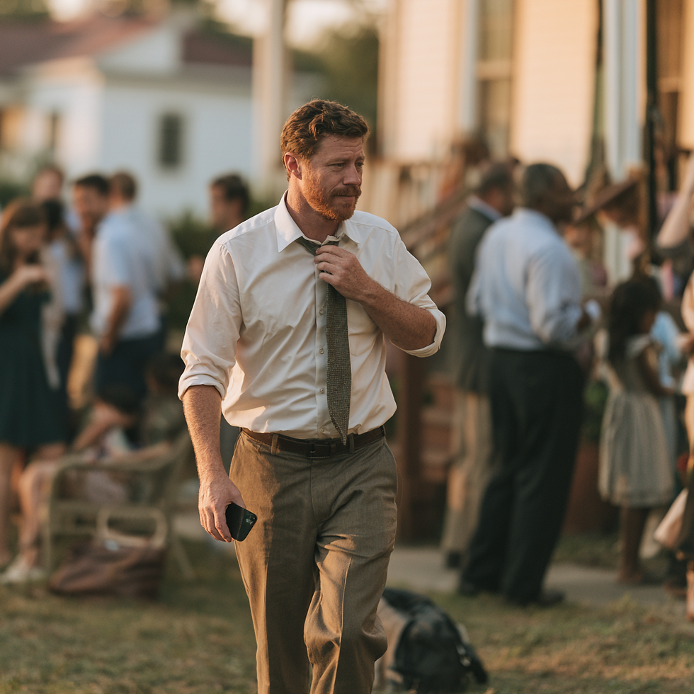 Man taking a quiet moment away from a busy family gathering, reflecting the hidden pressure and emotional overwhelm that can contribute to porn cravings.