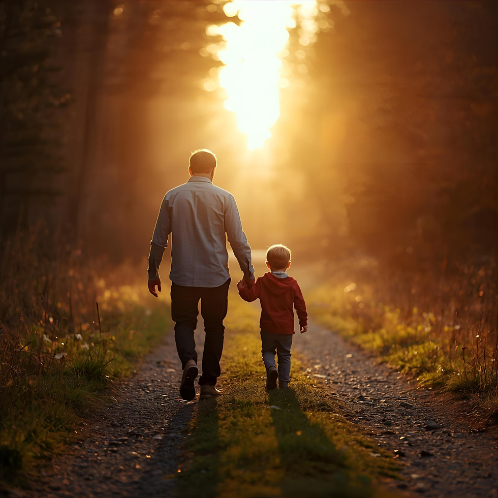 A father walking hand-in-hand with his child at sunrise, symbolizing fearless sexuality, emotional strength, and porn-resilient parenting in recovery.