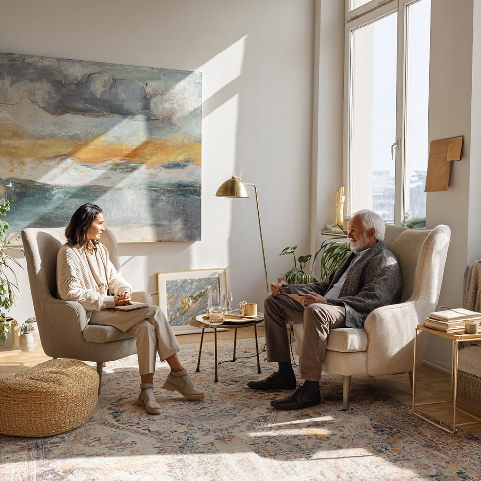 Therapist and male client in a sunlit space, symbolizing trauma-informed support, male sexual abuse healing, and recovery from compulsive sexual behavior.