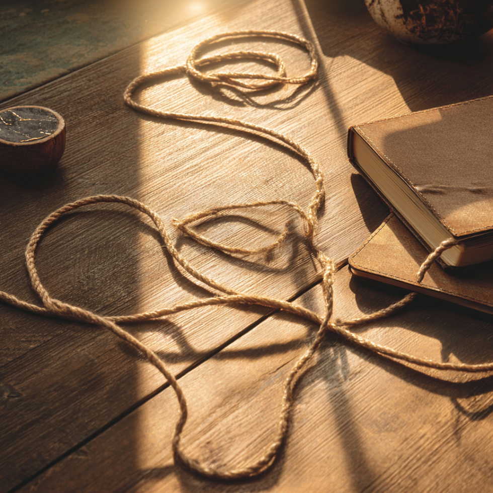 Two cord pathways on a wooden table, one tangled and one leading toward morning light, symbolizing brain rewiring and porn addiction recovery.