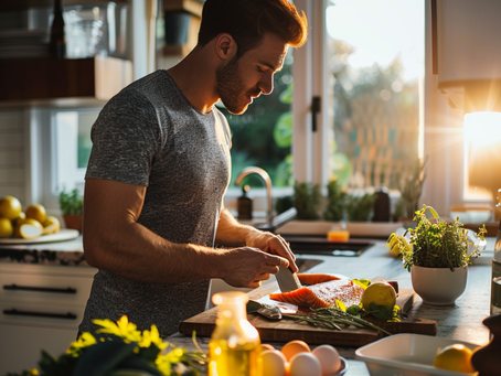 Man preparing healthy whole foods in a modern kitchen at sunrise, symbolizing brain health, discipline, and recovery from porn addiction through diet and lifestyle change