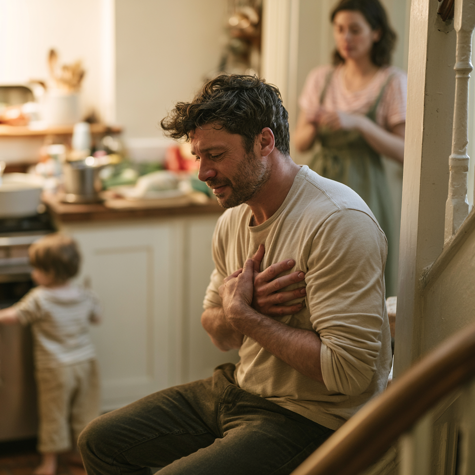 Man sitting quietly on a staircase practicing emotional awareness while his wife and child spend time together in the nearby kitchen.