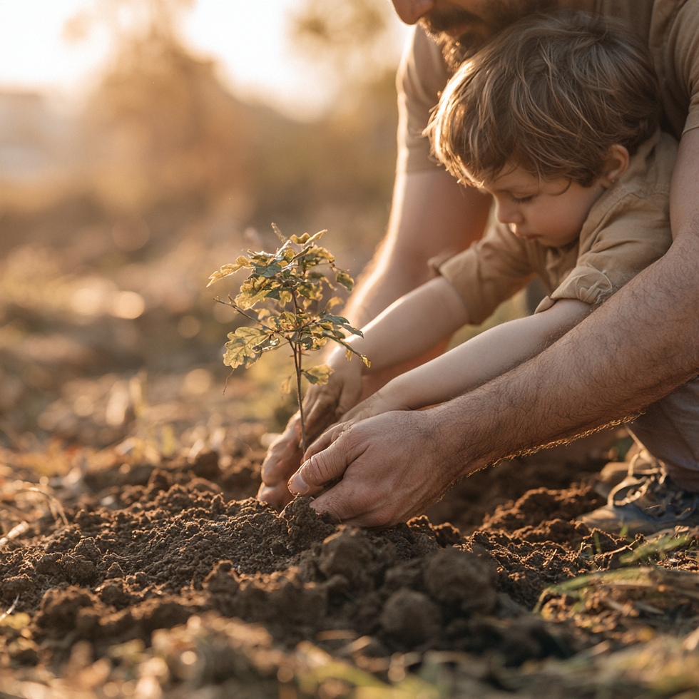 A father and child plant a young tree together with their hands in the soil during warm golden-hour light.