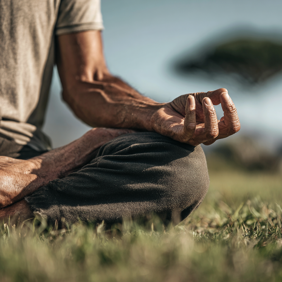 Man sitting cross-legged in quiet mindfulness practice, breathing deeply and reconnecting to his body to overcome addiction and stress.