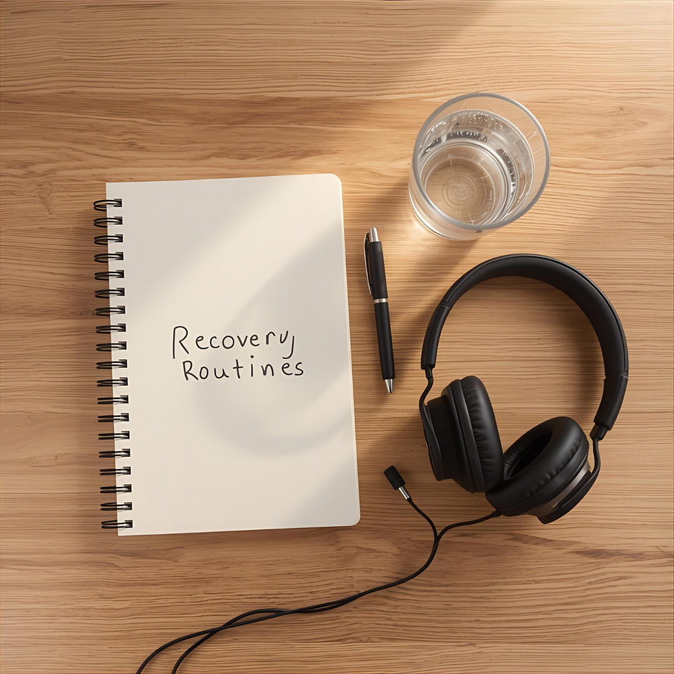 Flat-lay of a journal, pen, headphones, and glass of water on a wooden table, representing daily mindfulness routines and healthy lifestyle practices for porn addiction recovery.