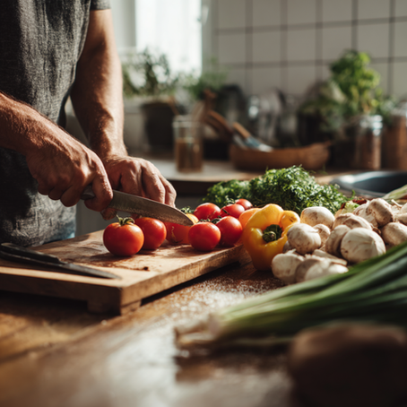 Man preparing fresh vegetables in a kitchen to support gut health and reduce porn addiction cravings