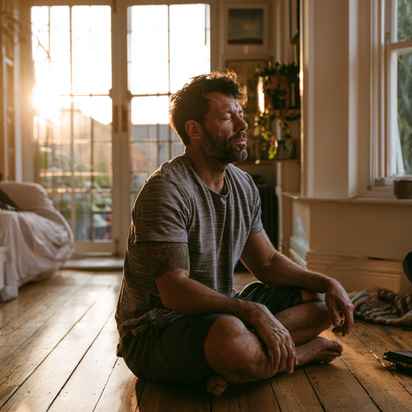A father sits quietly on the floor of his living room during the early morning while his phone rests out of reach, illustrating stillness and recovery from porn addiction.