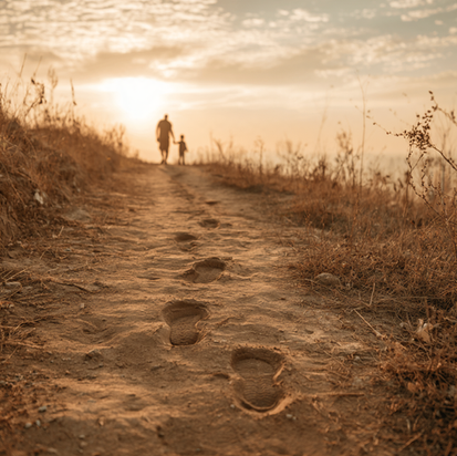 Adult and child footprints following a dirt path toward the sunrise, symbolizing fatherhood and generational healing.