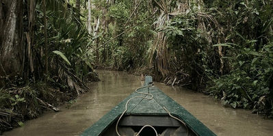Une barque glissant paisiblement sur une rivière au cœur de la jungle luxuriante de Tarapoto, offrant une immersion unique dans la nature péruvienne.