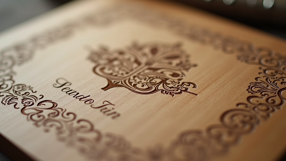 Close-up view of a beautifully engraved wooden wedding invitation