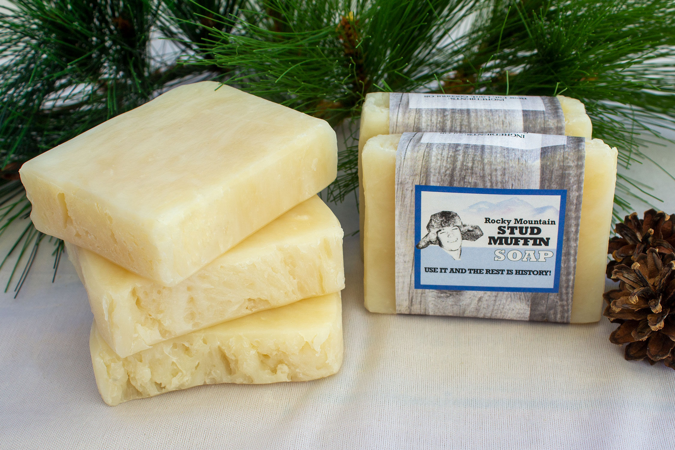 Stud Muffin Bear Fat Soap with and without labels