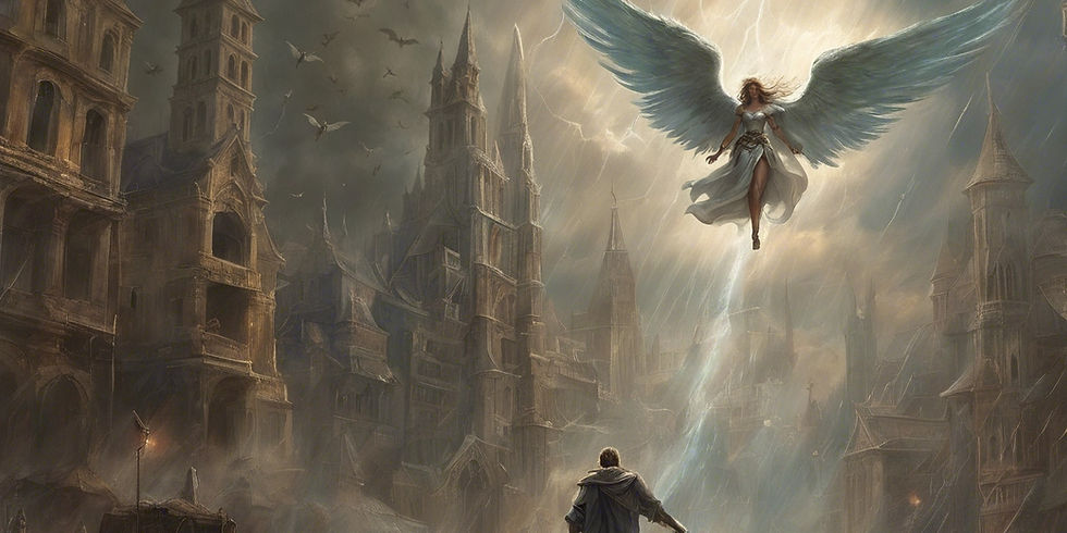 an angel coming down from the heavens to save a city sieged