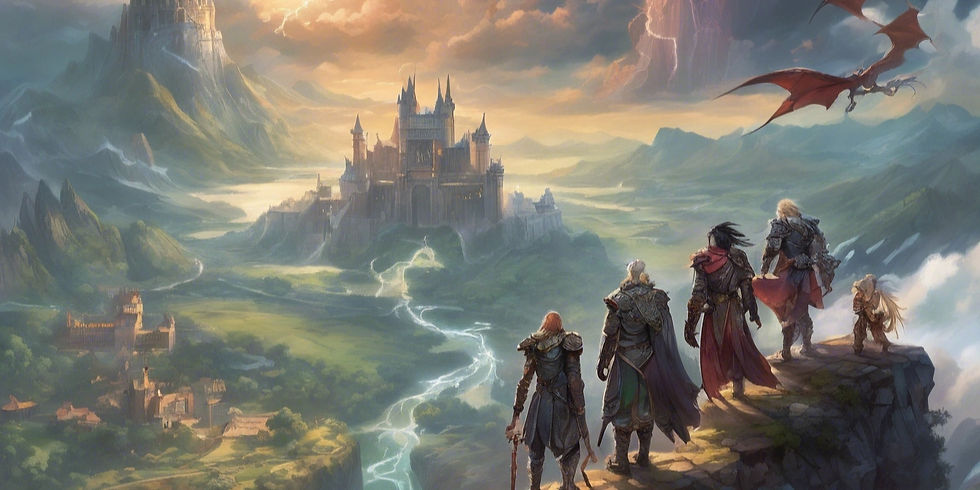 A group of seasoned adventurers stands atop a cliff overlooking a vast, mystical landscape. Each character wears elaborate armor or robes, showcasing their high-level status, with magical weapons glowing in their hands. In the background, a distant dragon