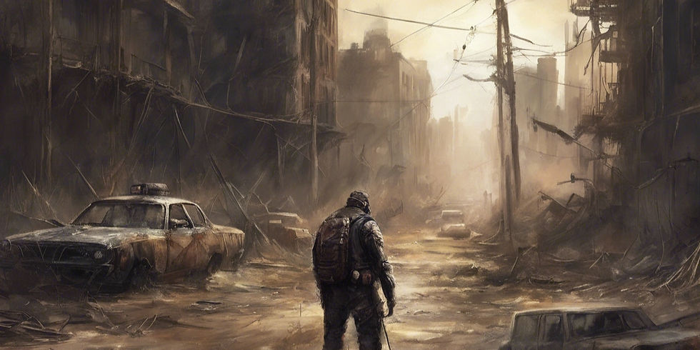 lonley survivor in a post-apocalyptic ruined town street