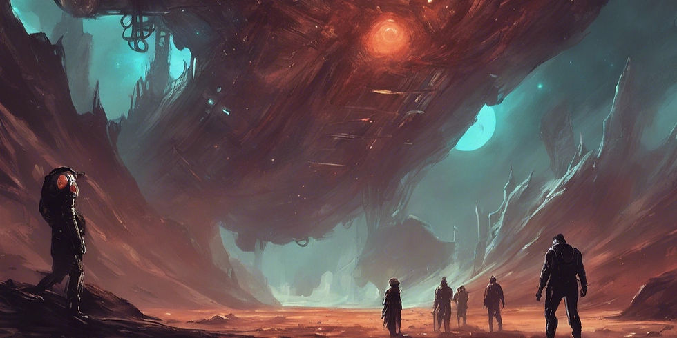 explorers in a strange planet, exploring a ship in ruins
