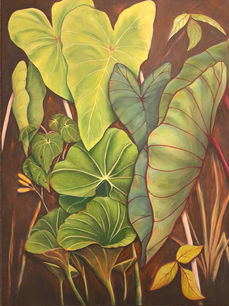 Tropical green leaves on an earthy background