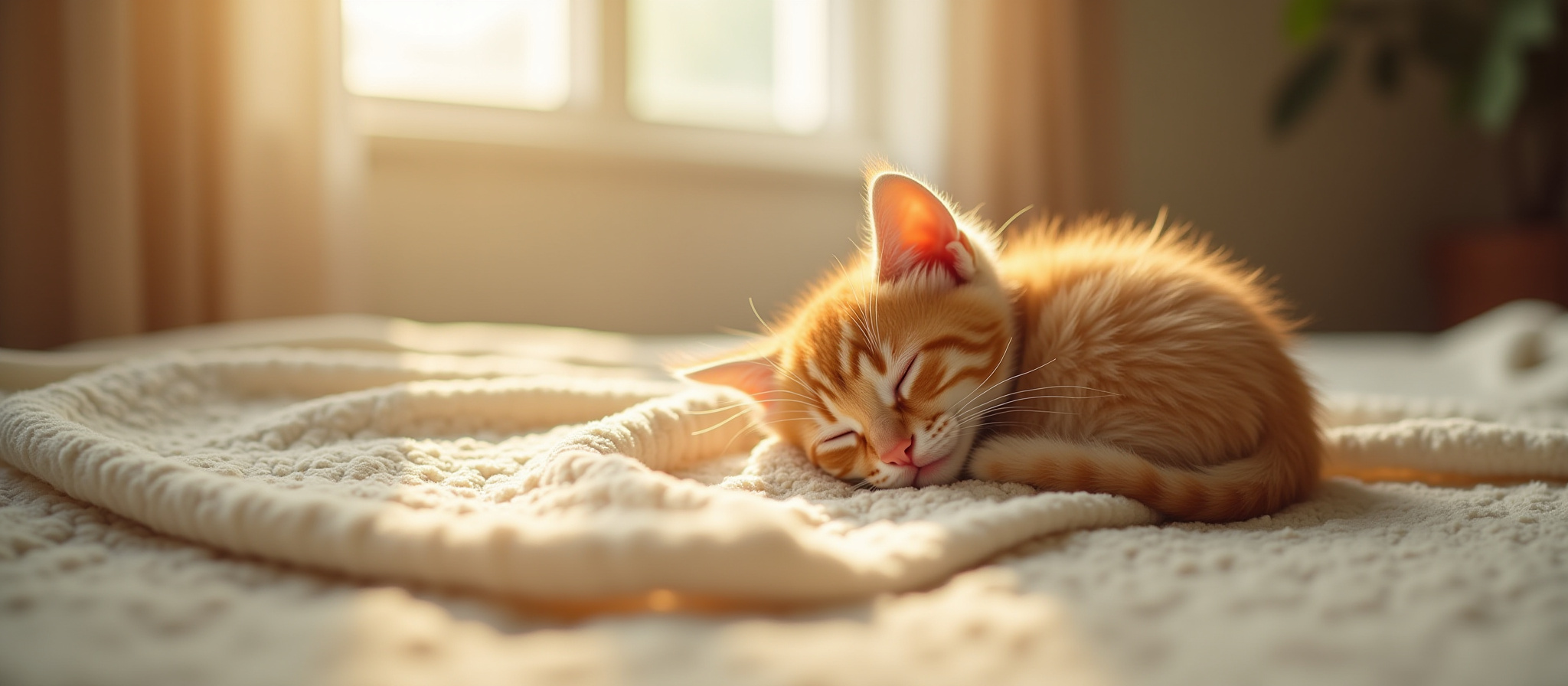 Orange tabby sleeping on a white blanket