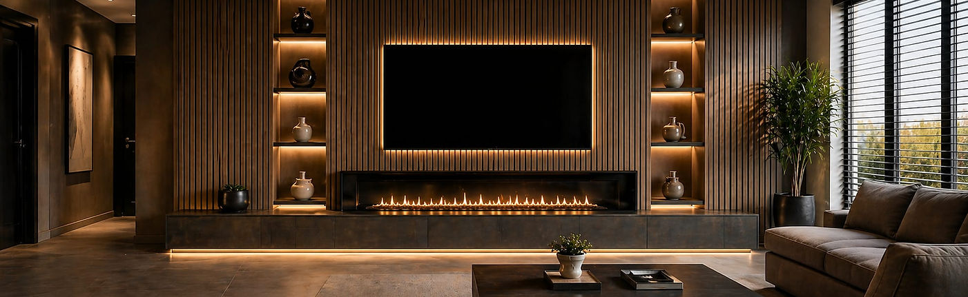 Contemporary media wall with custom shelving, LED lighting and modern built-in fireplace installation