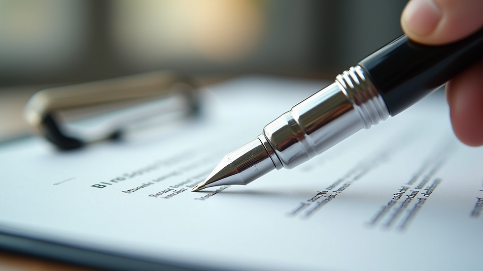Close-up view of a legal document with a pen on top