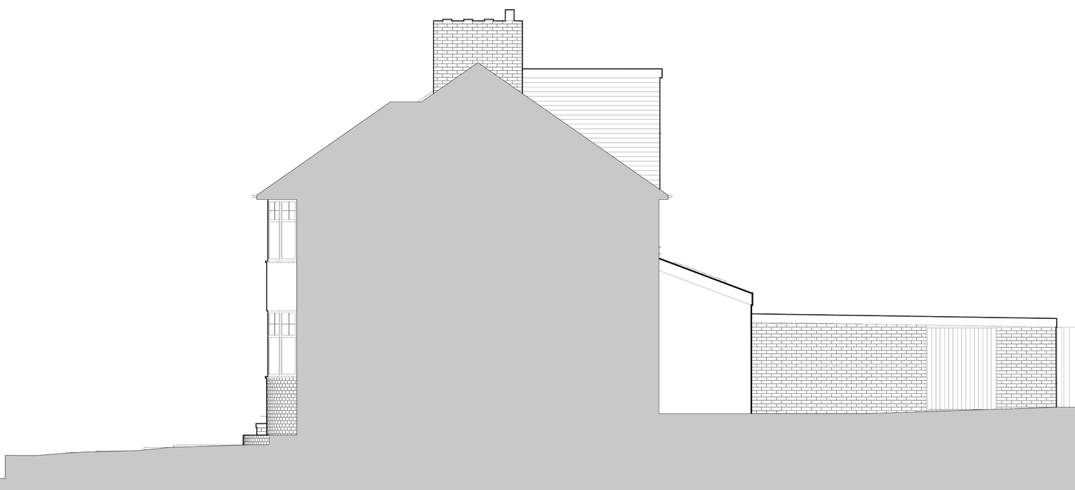 The south elevation of the scheme that's not within a conservation area of Petts Wood zone and without any risk of flooding. This is an existing state of the semi-detached 1990s house.