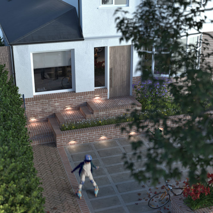 A single storey side and rear extension to the existing 1920s semi-detached house in Petts Wood, Orpington, Bromley, Kent, South-East London, England, UK. It incorporates improvements to the front approach and access, including the new parking payout with permeable paving, a series of brick steps, terraces and planters, a warm brick building plinth with crisp white render above.