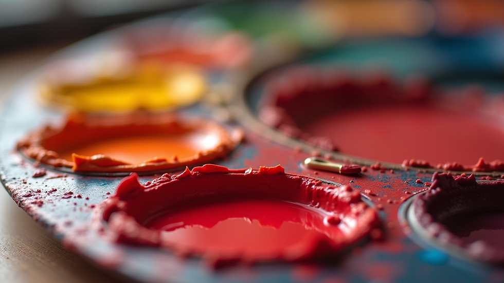 Eye-level view of a color mixing palette with crimson and other paint colors