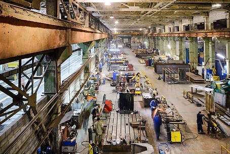 Industrial, workshop for production of handling removable devices. View from the ceiling..