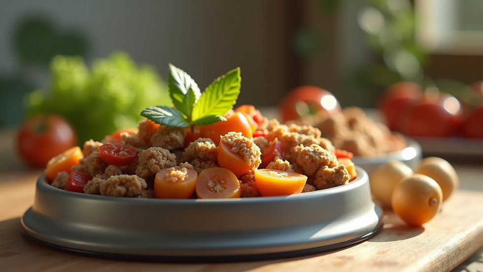 Close-up view of a healthy pet food bowl filled with fresh ingredients
