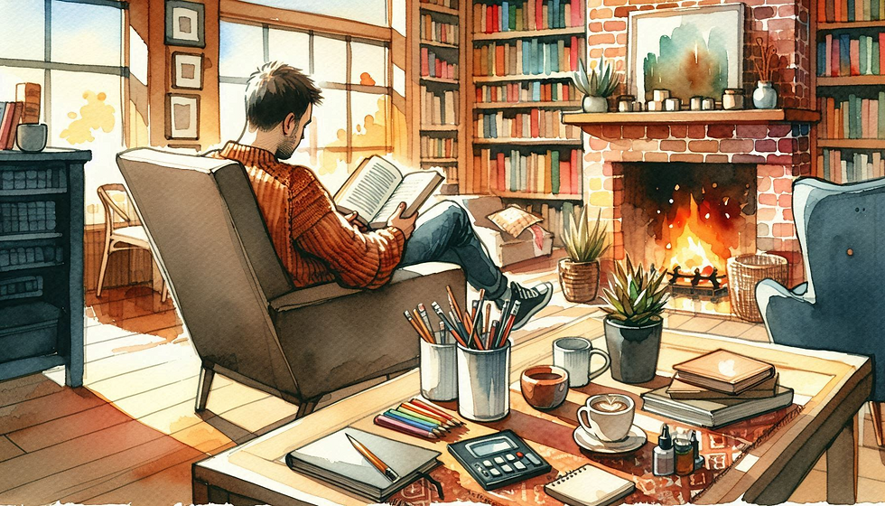 A man is in a bookstore sitting in a comfortable chair in front of a fireplace, reading his book.