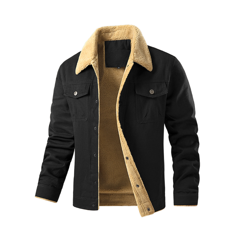 Men's Jackets Winter Faux Shearling Lined Windproof Warm Coat Black Buttoned Par