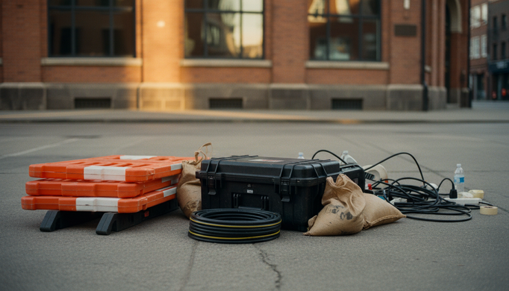 Low-angle view of folded barriers and sandbags after a quiet street filming setup has been packed down.