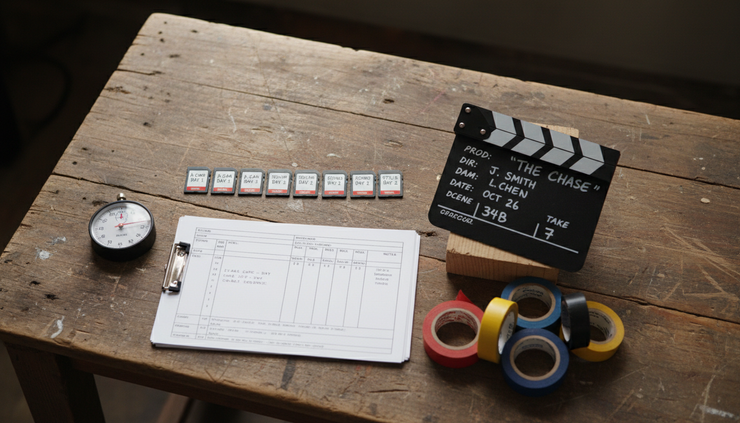 High-angle view of labelled memory cards, printed notes, and a small timer on a workbench