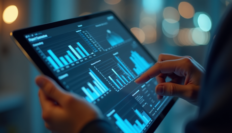 Eye-level view of a person analyzing data charts on a digital tablet