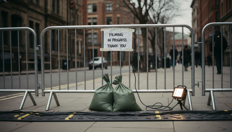 Eye-level view of a handwritten filming notice attached to a temporary barrier beside a quiet pavement.