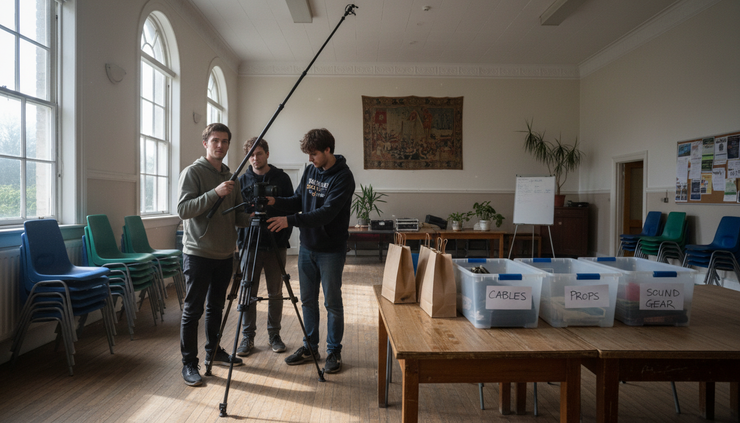 Wide-angle view of a small film crew preparing equipment in a community hall