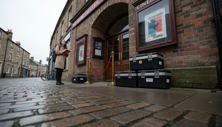 Eye-level view of a community cinema entrance with film posters, equipment cases, and a student holding a small notebook.